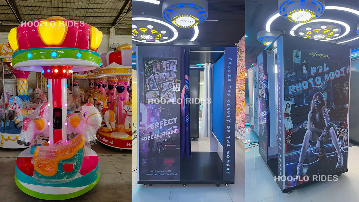 Factory testing collage showing a 3-Seat Kids Carousel and Photo Booth prepared for shipment to a Georgia client