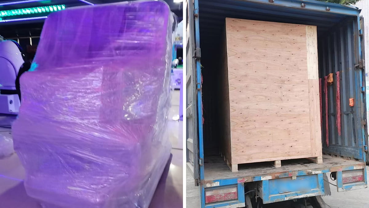 VR 360 equipment being packed and loaded into shipping crates for delivery in Russia, showing packaging and logistics process