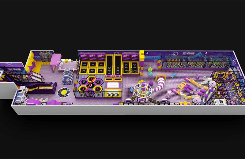 A 1000 square meter customized indoor soft play center design for a client in Uzbekistan, featuring trampolines, slides, and ball pits.