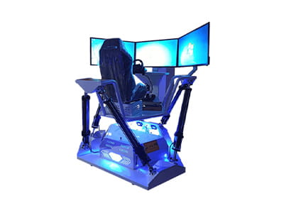 Professional VR racing simulator with triple screen setup and hydraulic motion system.