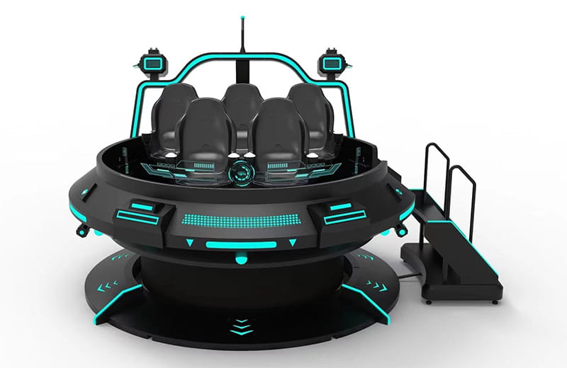 A circular 5-seater VR starship simulator with black sleek design, cyan LED lighting, and synchronized motion seats for group experiences.