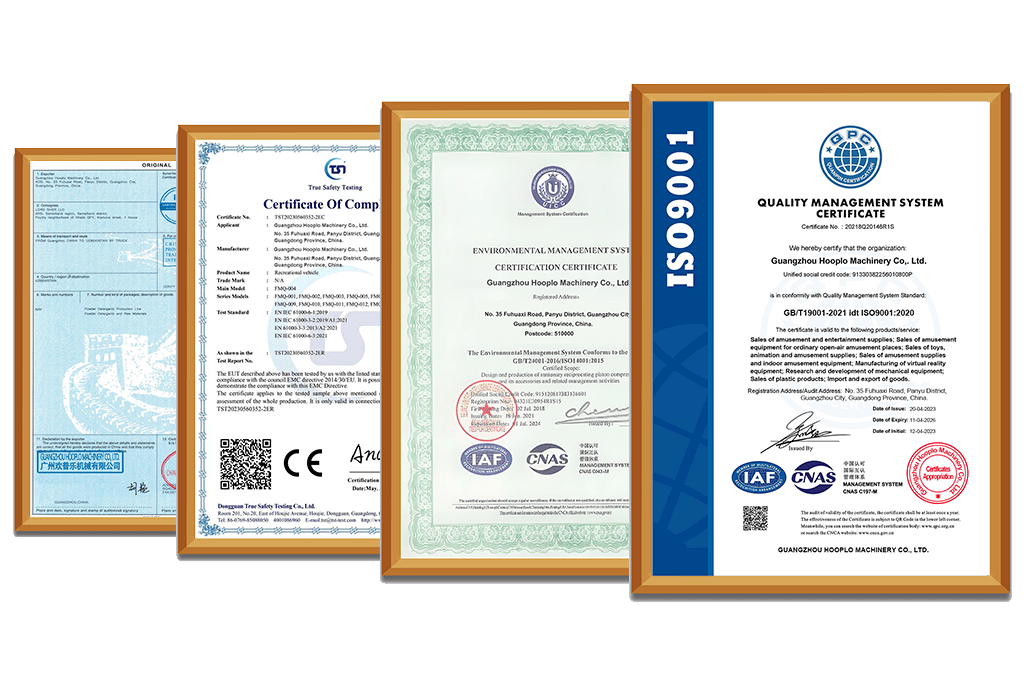 International certifications including CE, ISO9001, FCC, and ETL for amusement equipment manufacturing.