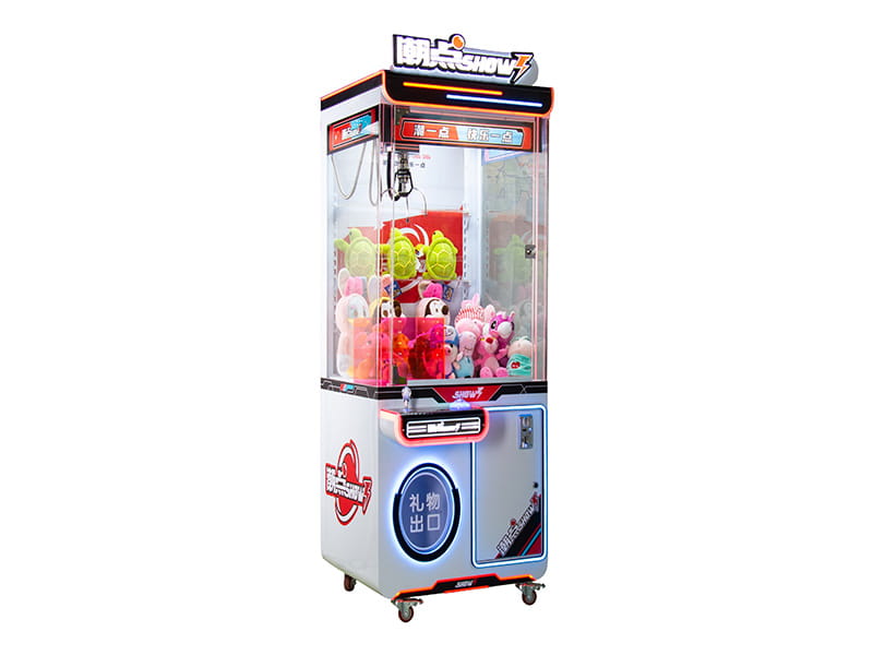 Claw machine arcade game with transparent cabinet showing plush toys inside