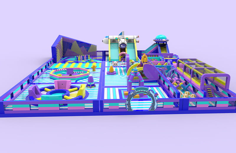 A professional 3D design layout for a purple space-themed commercial inflatable playground featuring rocket slides and interactive obstacles.
