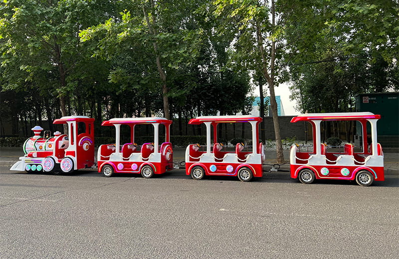 Da Dudu trackless train being tested at our factory before delivery, showing its ready-to-use design.