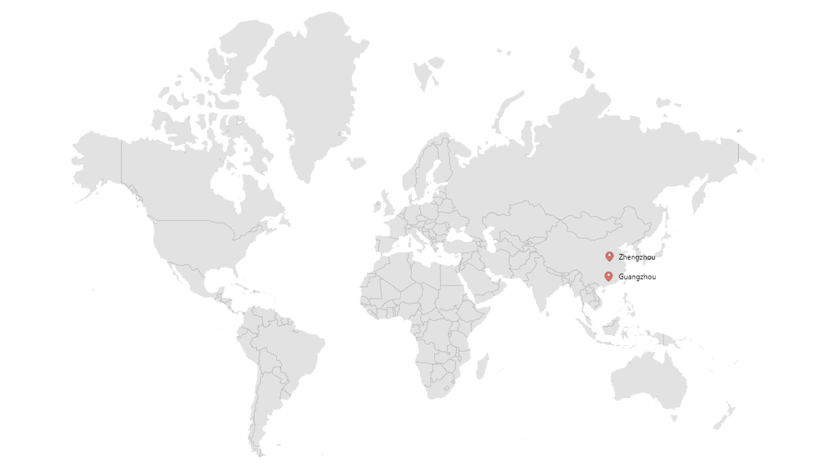 Map highlighting Hooplo factory locations in Zhengzhou and Guangzhou, China.