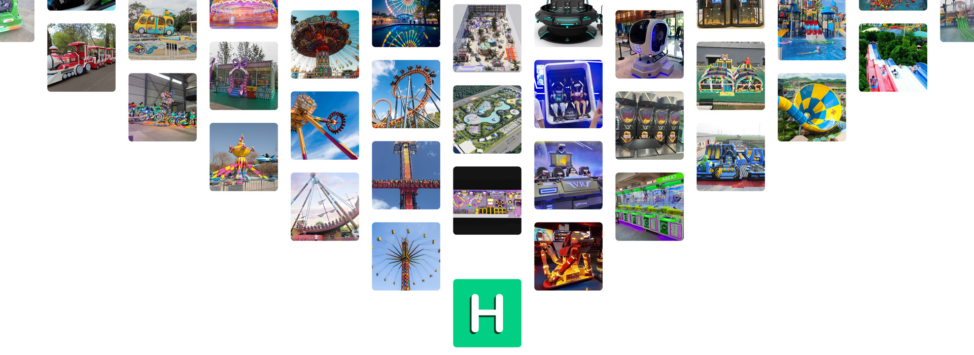 Main products of Hooplo Group, including amusement rides, indoor playgrounds, inflatable rides, VR equipment, and arcade game machines.