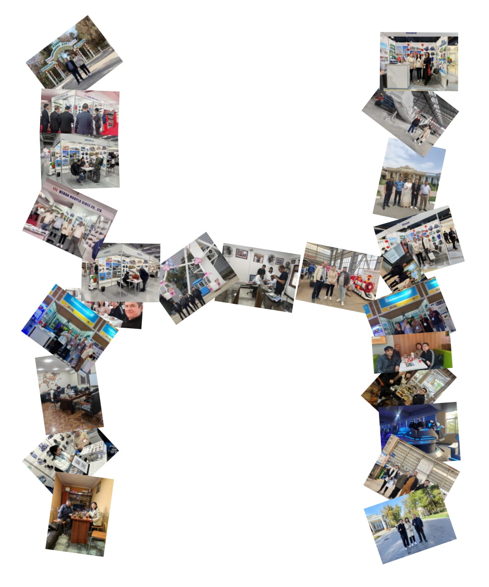 Collage of real client meetings with Hooplo Group, including factory visits, on-site project discussions, and exhibition collaborations, arranged in an H-shaped layout.