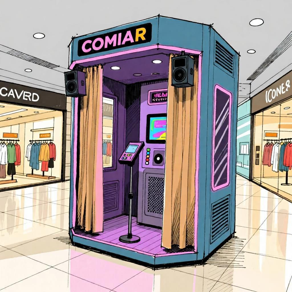 Hand-drawn illustration of a karaoke machine in a shopping mall