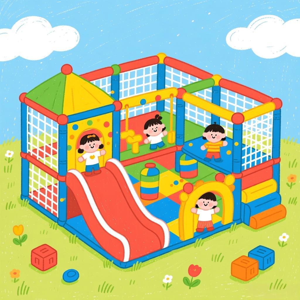 Hand-drawn illustration of an indoor soft play playground