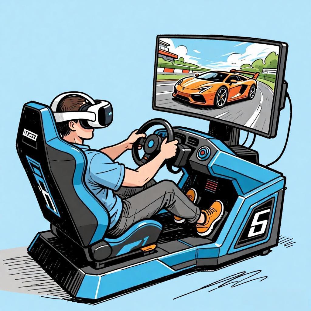 Hand-drawn illustration of a VR racing simulator
