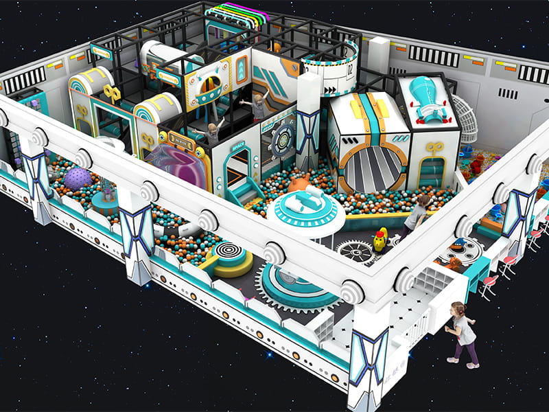 Design rendering of an indoor playground layout with slides, climbing structures, and play zones