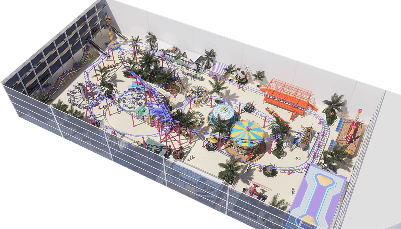 Concept design rendering of an integrated indoor amusement park project in Uzbekistan, featuring amusement rides, indoor playground areas, VR center, arcade zone, and commercial spaces.
