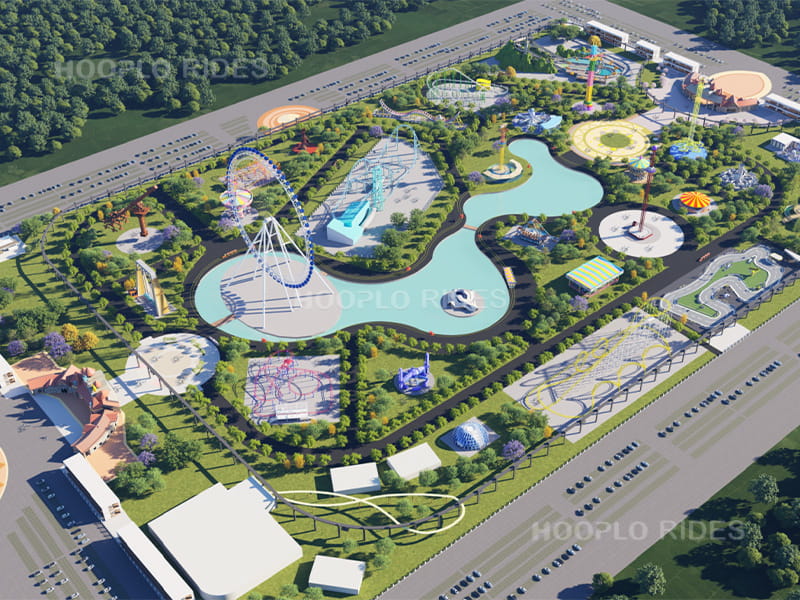 Overall layout design rendering of a large-scale amusement park with integrated attractions and zones