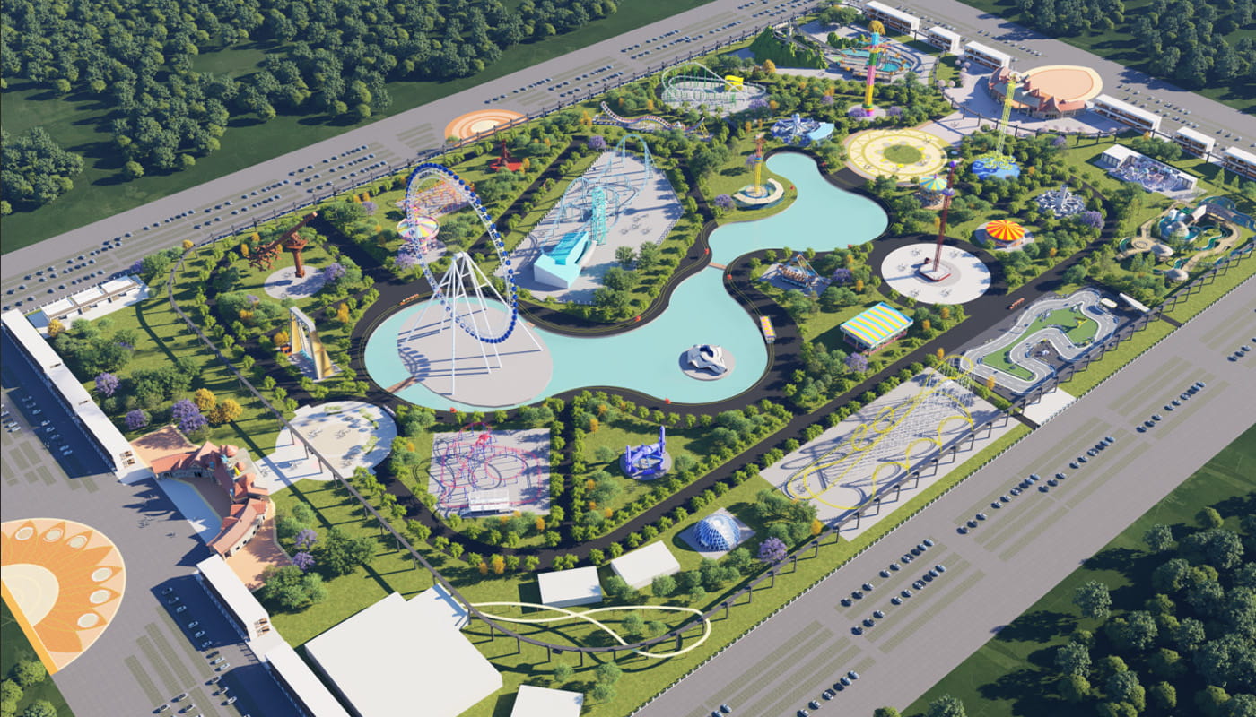 3D design render showing a complete amusement park one-stop solution, including rides and layout