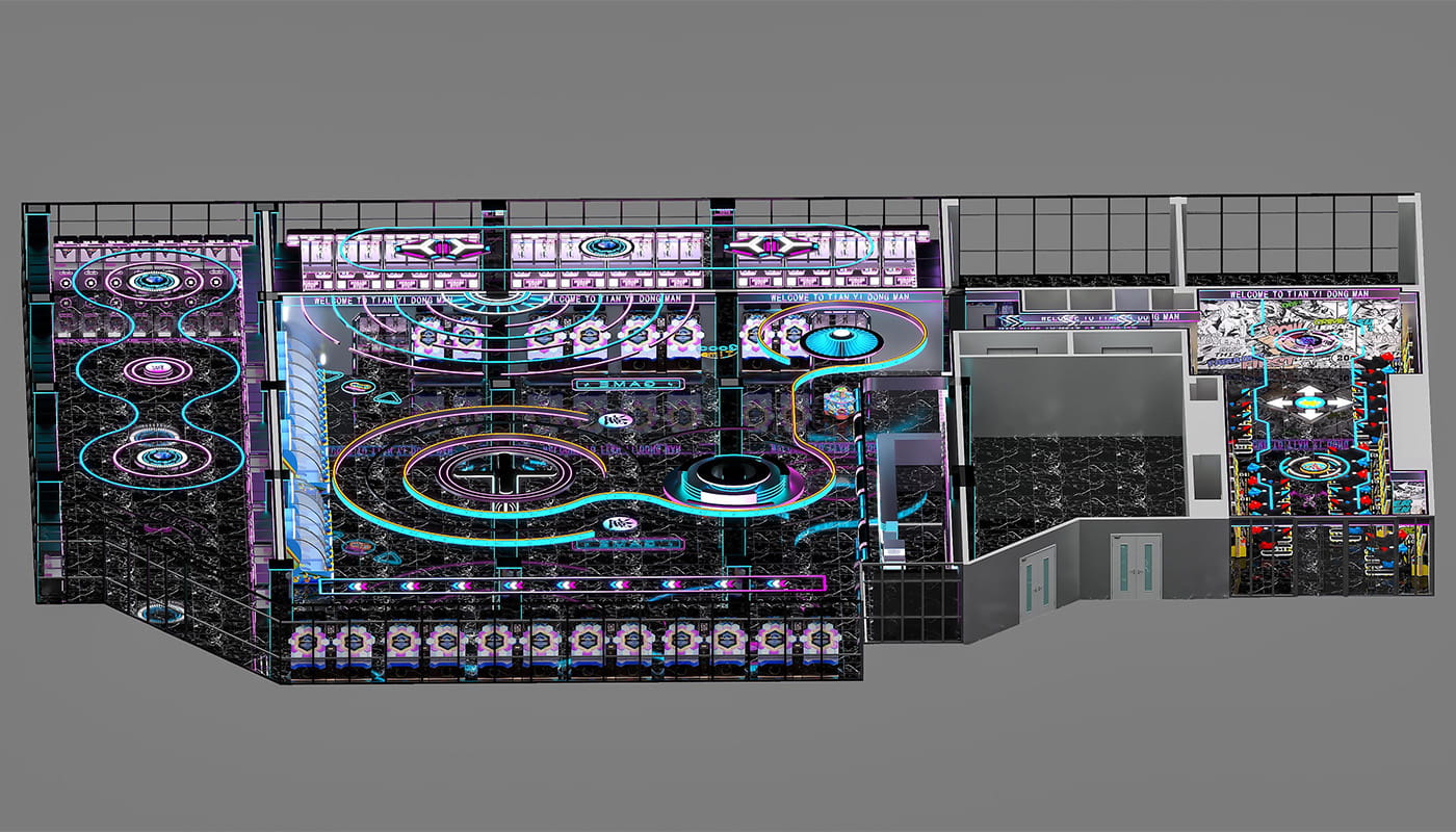 3D design render of an arcade one-stop solution, featuring various game machines and entertainment layout