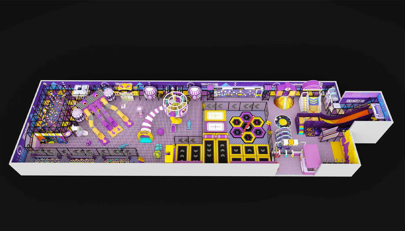 3D design render of an indoor playground one-stop solution, with climbing structures and slides