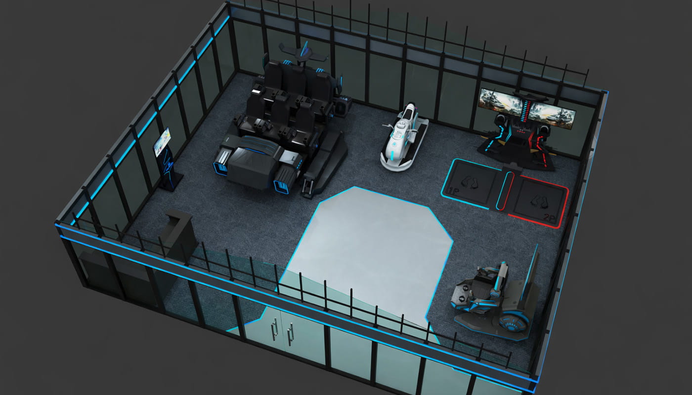 3D design render of a VR zone one-stop solution, showing VR simulators and interactive layout