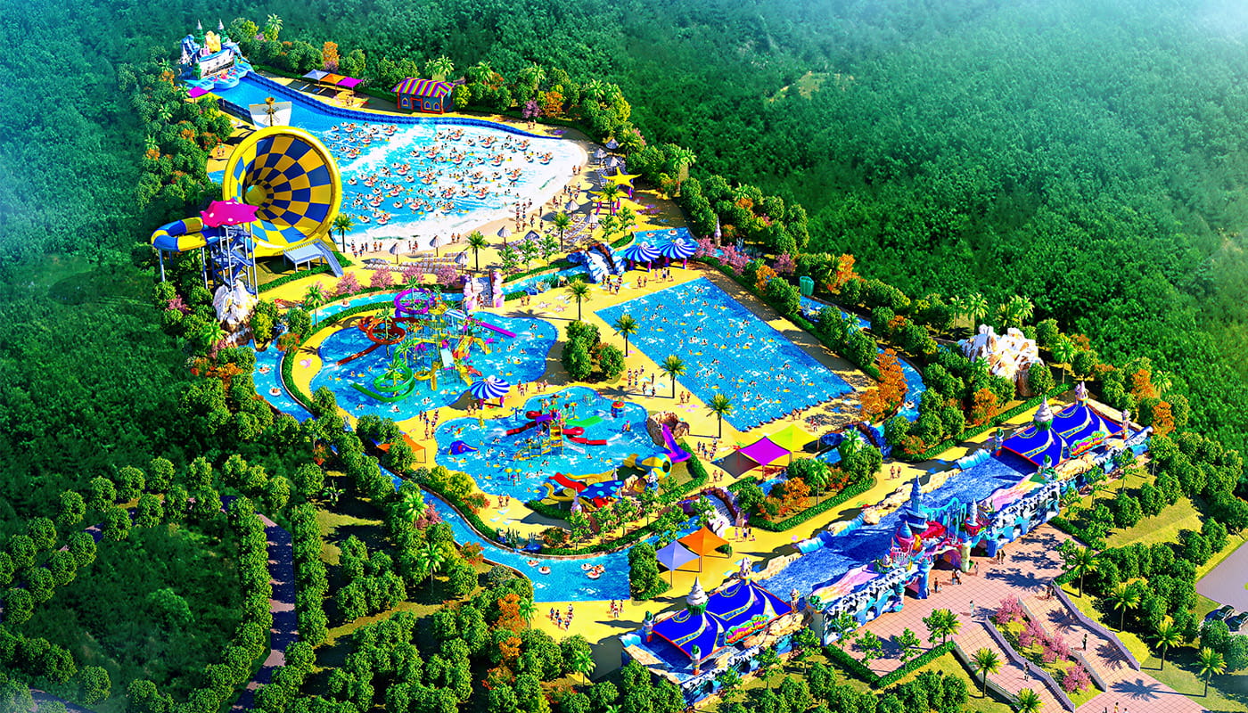 3D design render of a water park one-stop solution, featuring slides, pools, and attractions
