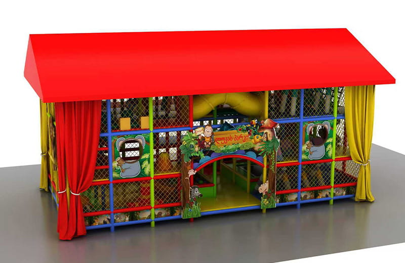 A 3-layer customized indoor playground with a red rain-proof roof for outdoor use, designed for a repeat client in Georgia.