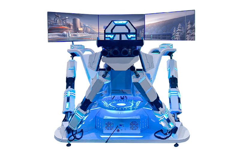 High-end VR racing simulator featuring a white futuristic motion cockpit, triple-screen display, and immersive driving controls.