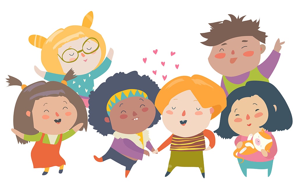 Cartoon of six happy children with different skin tones and genders