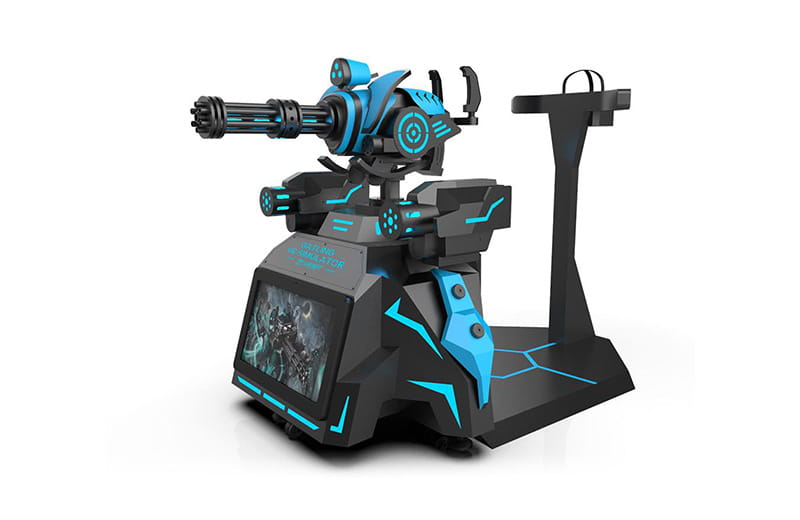 Futuristic VR shooting station equipped with a rotating Gatling gun controller, cyan neon lights, and a built-in game monitor.
