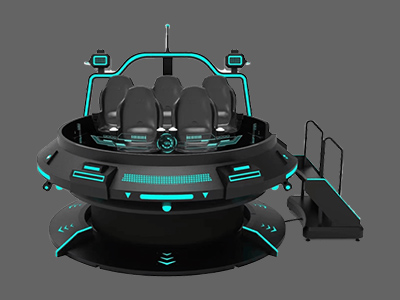 VR 6-seat flying saucer motion simulator with 360-degree rotation and futuristic LED design.