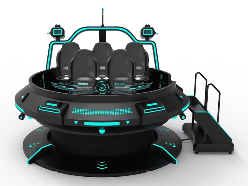 VR Five Seat Flying Saucer simulator with multiple seats and immersive virtual reality setup