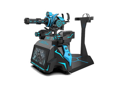 VR Gatling gun shooting simulator with motion platform and rotary barrel.