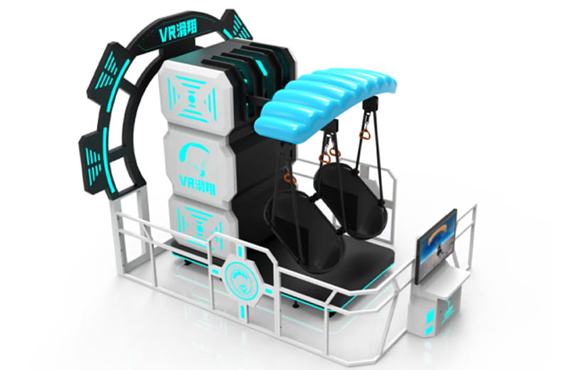 VR skydiving simulator featuring dual hanging seats with a blue parachute-style canopy and a safety railing system.