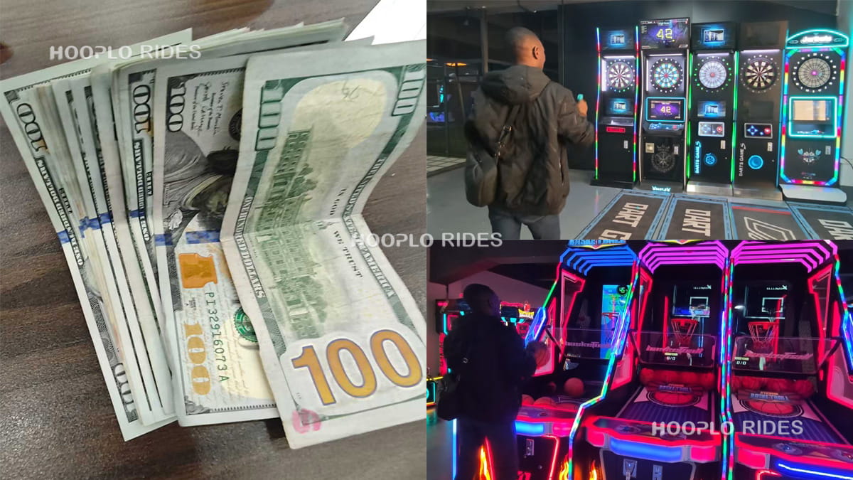 Collage showing $5,000 cash deposit and the Cameroon client testing VR and arcade equipment in our showroom