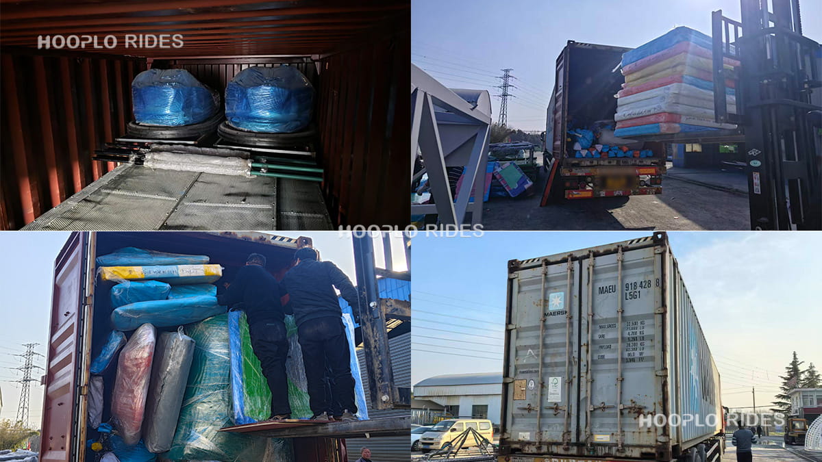 Container loading process of Georgia shipment: four images showing how Indoor Playground and Net Dome Bumper Cars were arranged and loaded for shipment