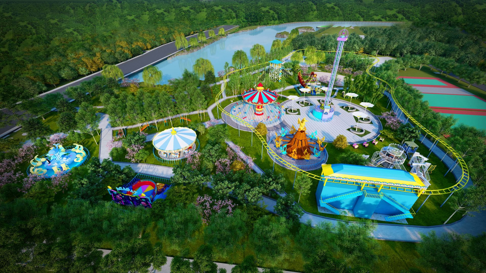 3D rendering of a medium-sized amusement park layout, showcasing Hooplo Group's design capabilities.