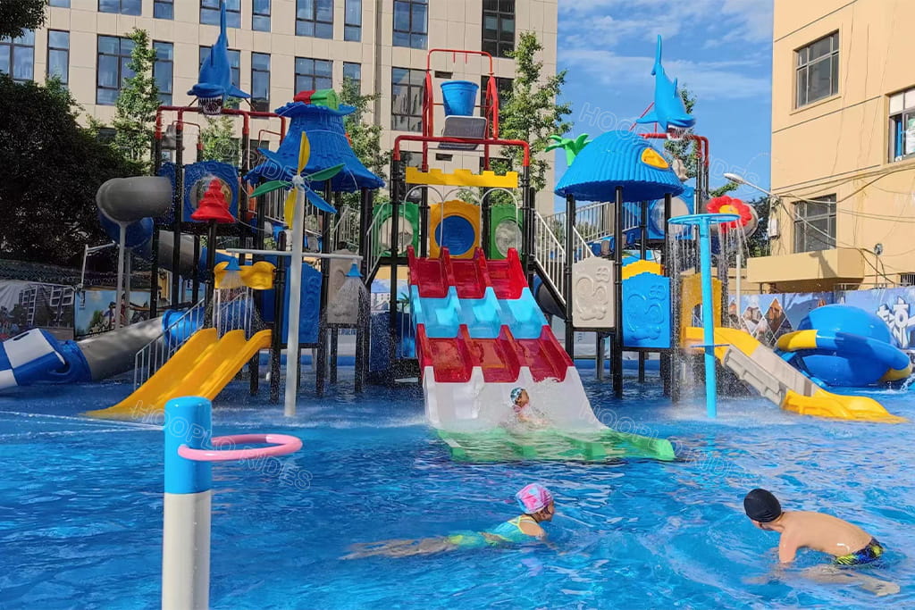 Colorful commercial water park playground with slides, available at summer promotional prices