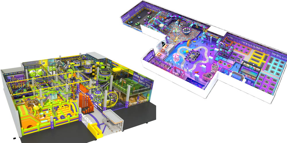 Two custom commercial indoor playground designs, adventure soft play and space-themed trampoline park layouts
