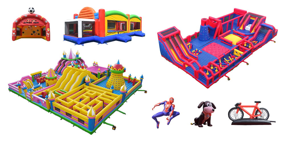 A selection of Hooplo commercial inflatable products, including bounce houses, inflatable obstacle courses, inflatable parks, sports games, and custom inflatables for entertainment businesses.